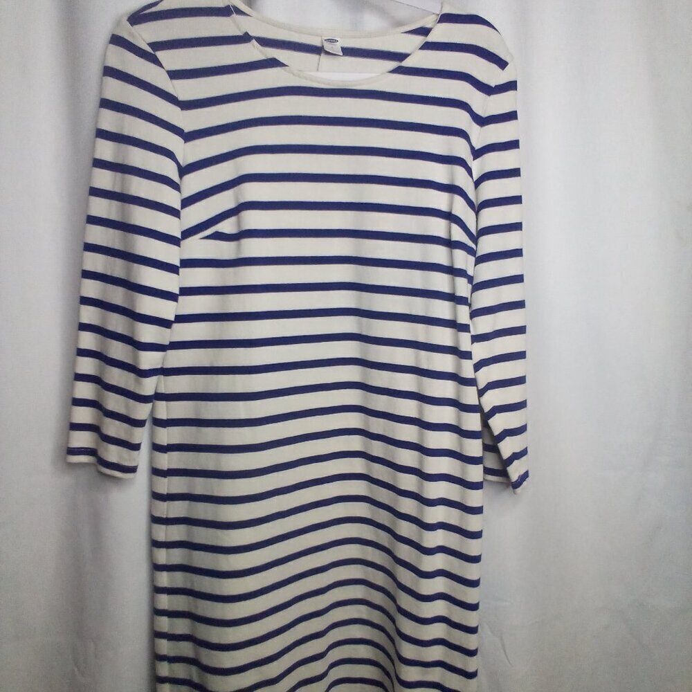Old Navy Dress M 3/4 Sleeve Nautical Stripe Blue White